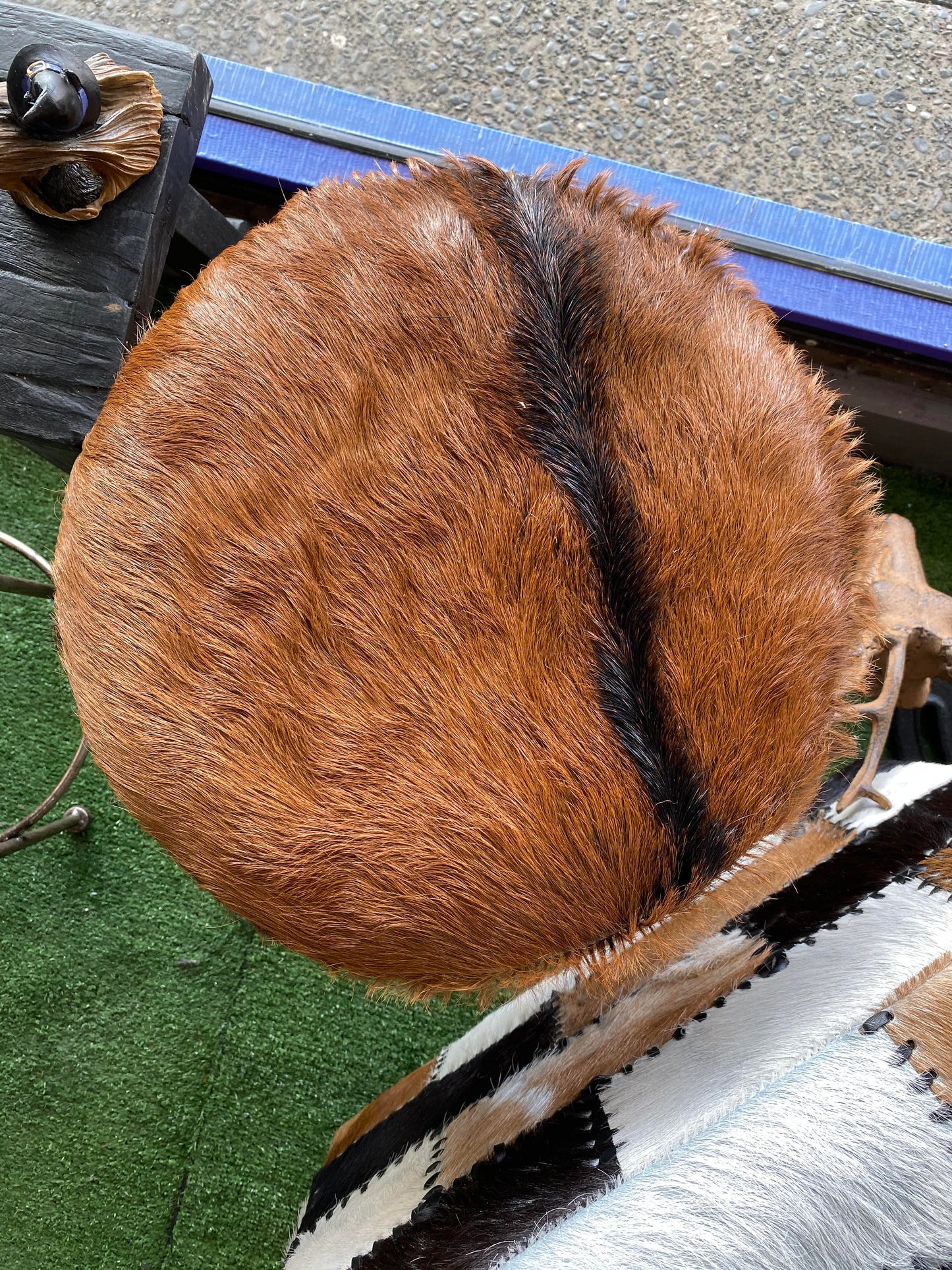 Small Round Leather & Teak Stool